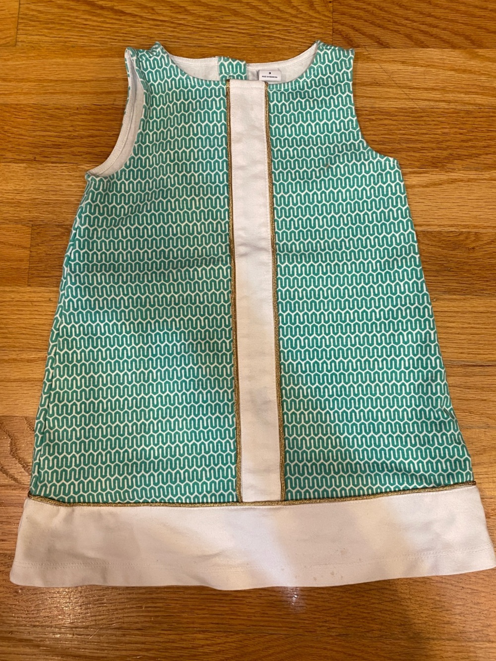Janie and Jack Kids Teal Geometric Shift Dress with White and Gold Accents